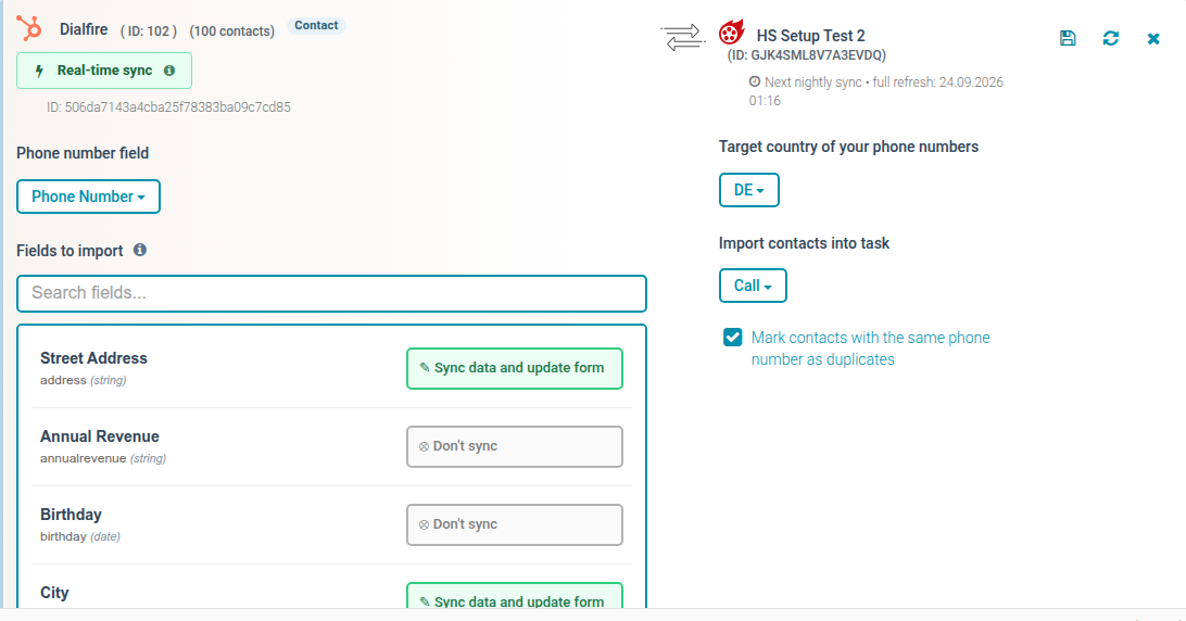 Example: fields and settings of a HubSpot binding